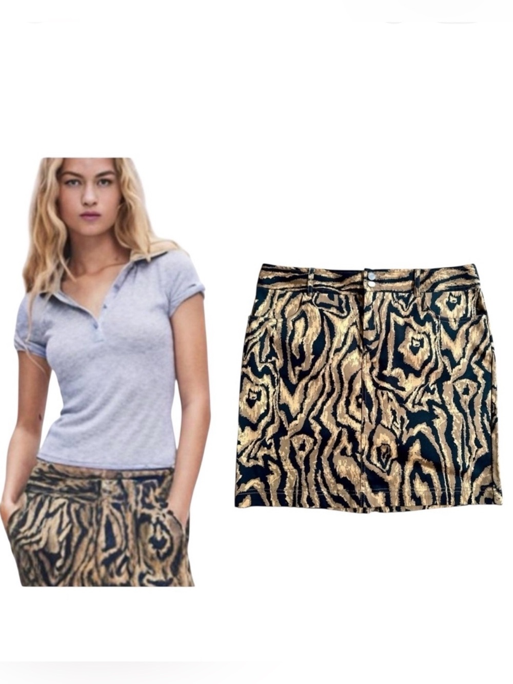 CHAPS Animal Print Tiger Denim Mini Skirt Size 12 P Casual Classic